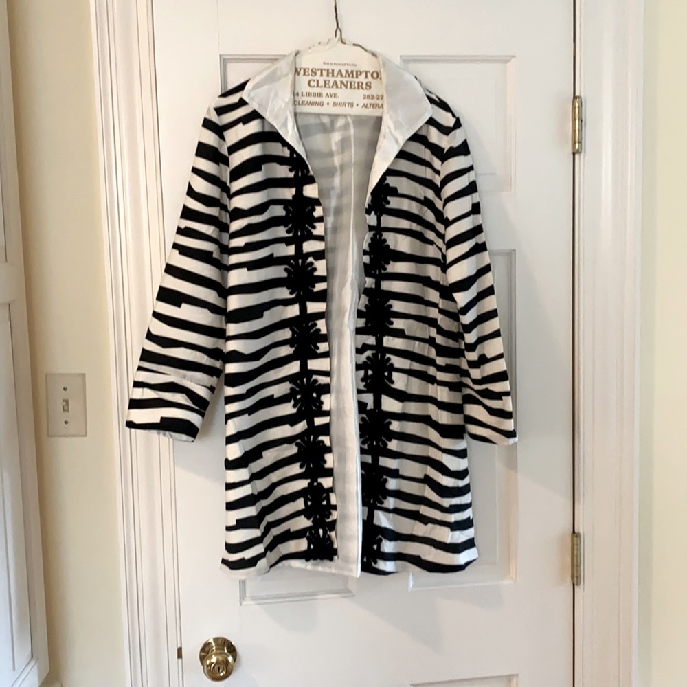 Liza Bird, Black white stripped jacket, appliqué